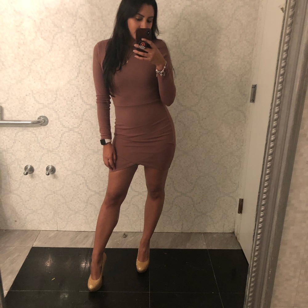 Dark Mauve Long Sleeve Wrap Skirt Bodycon Dress